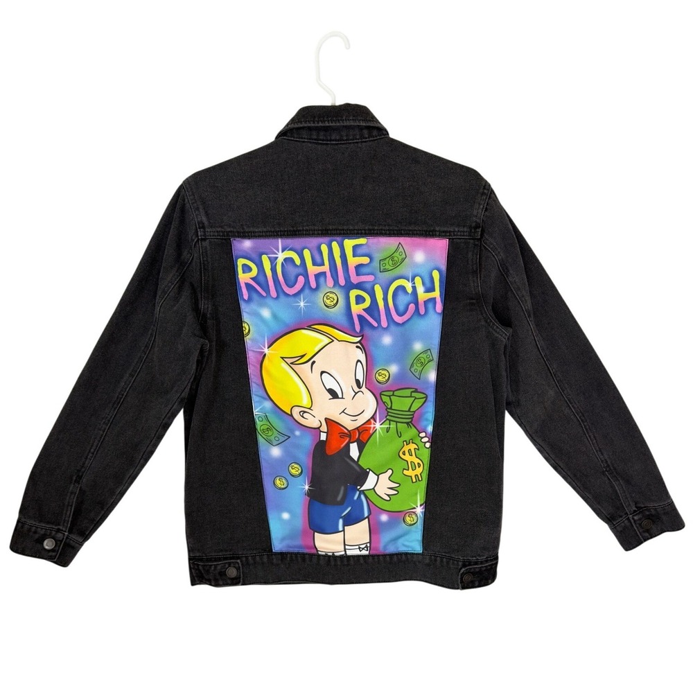Richie Rich Mens Black Denim Graphic Trucker Jacket Small 7RCH70050NV